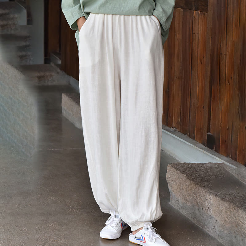 Buddha Stones Casual Plain Loose Women's Linen Pants With Pockets - White - US6，UK/AU10，EU38 (L) - image 8
