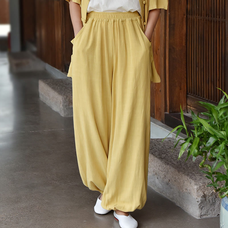 Buddha Stones Casual Plain Loose Women's Linen Pants With Pockets - Khaki - US6，UK/AU10，EU38 (L) - image 19