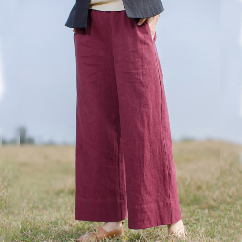 Buddha Stones Casual Plain Loose Women's Ramie Wide Leg Pants With Pockets