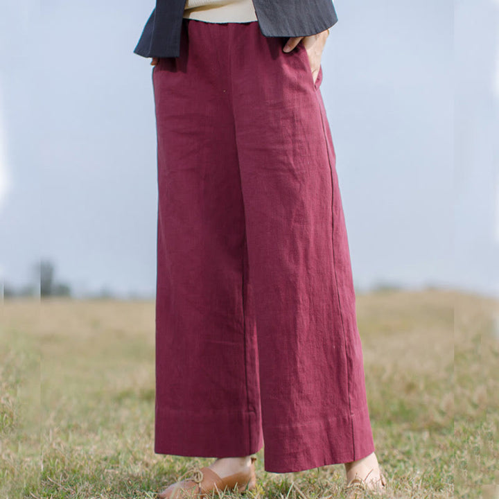 Buddha Stones Casual Plain Loose Women's Ramie Wide Leg Pants With Pockets - IndianRed - US6，UK/AU10，EU38 (L) - image 8