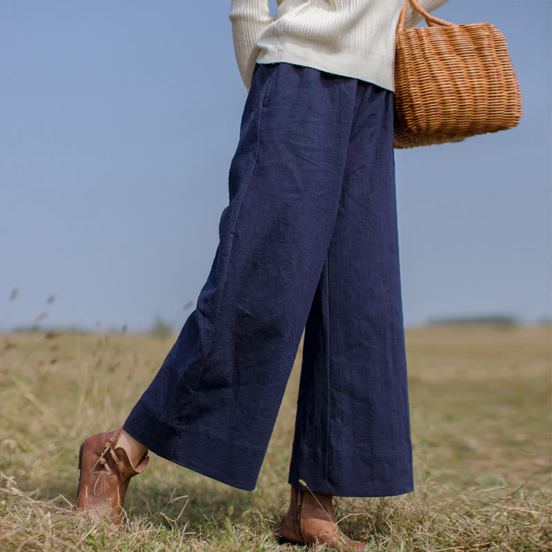 Buddha Stones Casual Plain Loose Women's Ramie Wide Leg Pants With Pockets - MidnightBlue - US6，UK/AU10，EU38 (L) - image 0