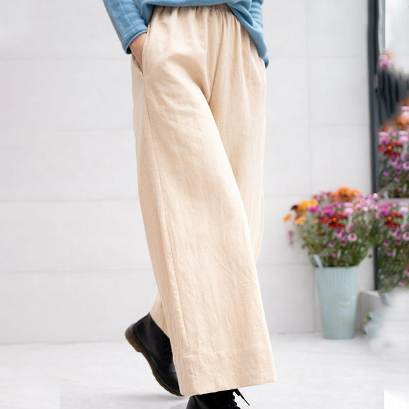 Buddha Stones Casual Plain Loose Women's Ramie Wide Leg Pants With Pockets