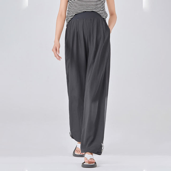 Buddha Stones Casual Plain Loose High elastic belly support Women's Viscose Wide Leg Pants With Pockets