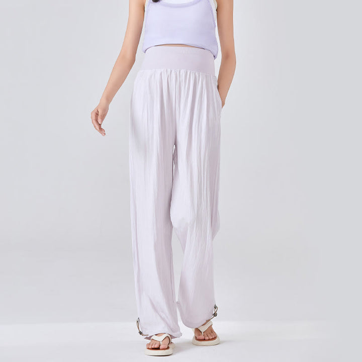 Buddha Stones Casual Plain Loose High elastic belly support Women's Viscose Wide Leg Pants With Pockets