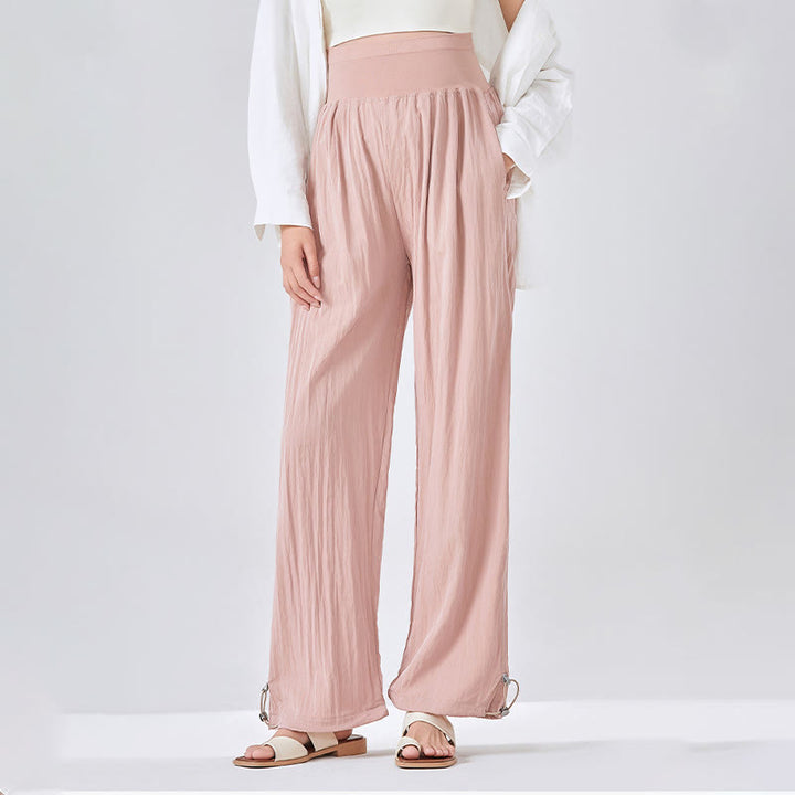 Buddha Stones Casual Plain Loose High elastic belly support Women's Viscose Wide Leg Pants With Pockets