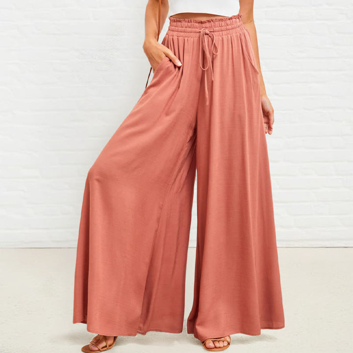 Buddha Stones Casual High Elastic Waist Plain Loose Women's Polyester Wide Leg Pants With Pockets