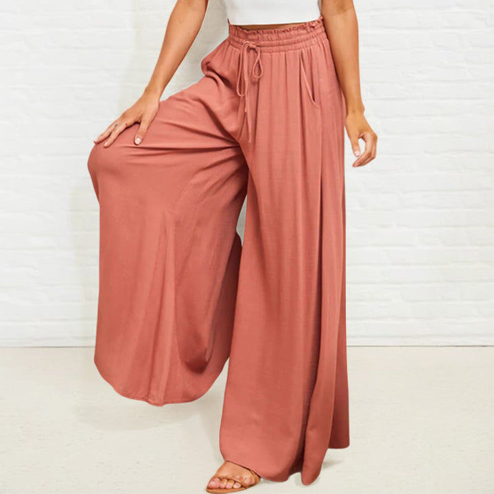 Buddha Stones Casual High Elastic Waist Plain Loose Women's Polyester Wide Leg Pants With Pockets