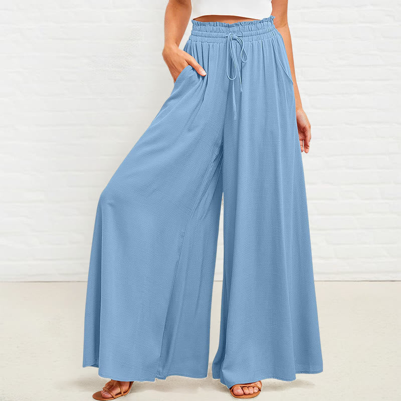 Buddha Stones Casual High Elastic Waist Plain Loose Women's Polyester Wide Leg Pants With Pockets - image 16