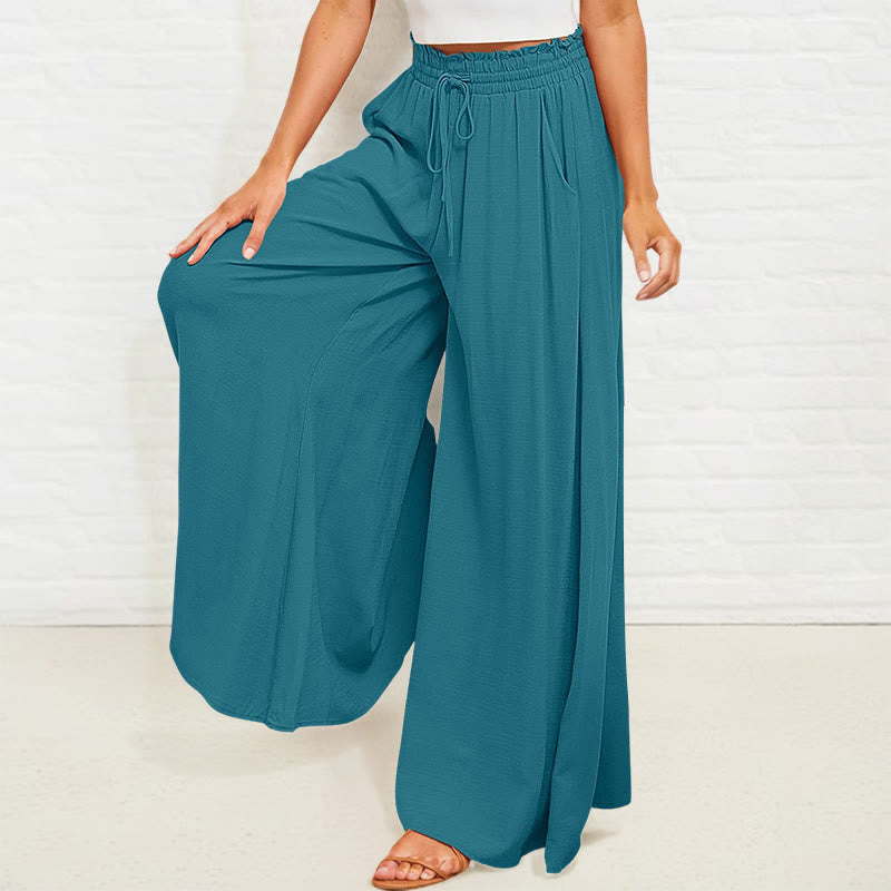 Buddha Stones Casual High Elastic Waist Plain Loose Women's Polyester Wide Leg Pants With Pockets