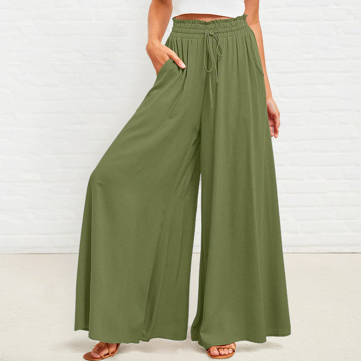 Buddha Stones Casual High Elastic Waist Plain Loose Women's Polyester Wide Leg Pants With Pockets