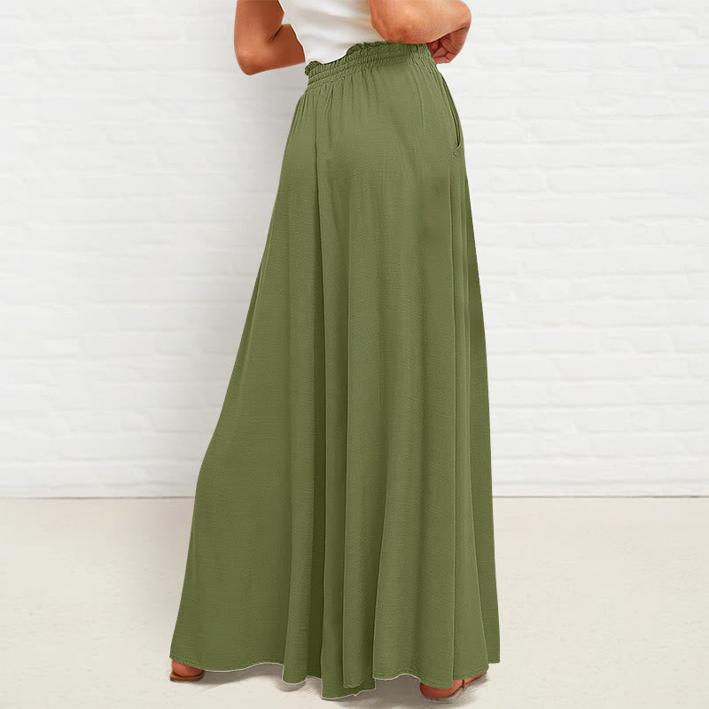 Buddha Stones Casual High Elastic Waist Plain Loose Women's Polyester Wide Leg Pants With Pockets