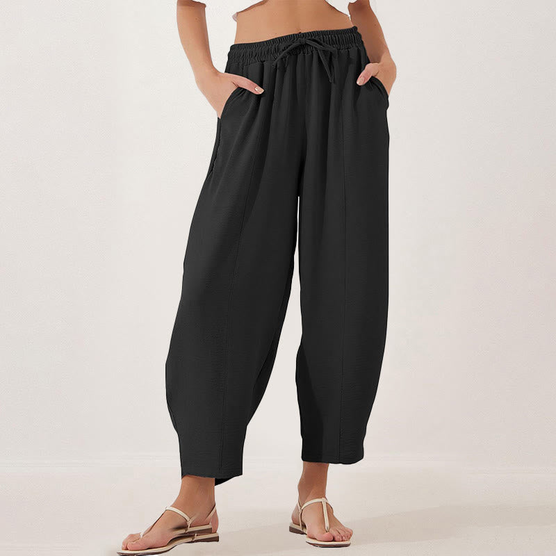 Buddha Stones Casual Plain Loose Drawstring Women's Polyester 7/8 Length Pants  With Pockets - Black - US16，UK/AU20，EU48 (3XL) - image 9