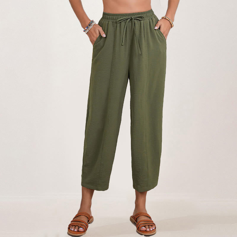 Buddha Stones Casual Plain Loose Drawstring Women's Polyester 7/8 Length Pants  With Pockets - image 17