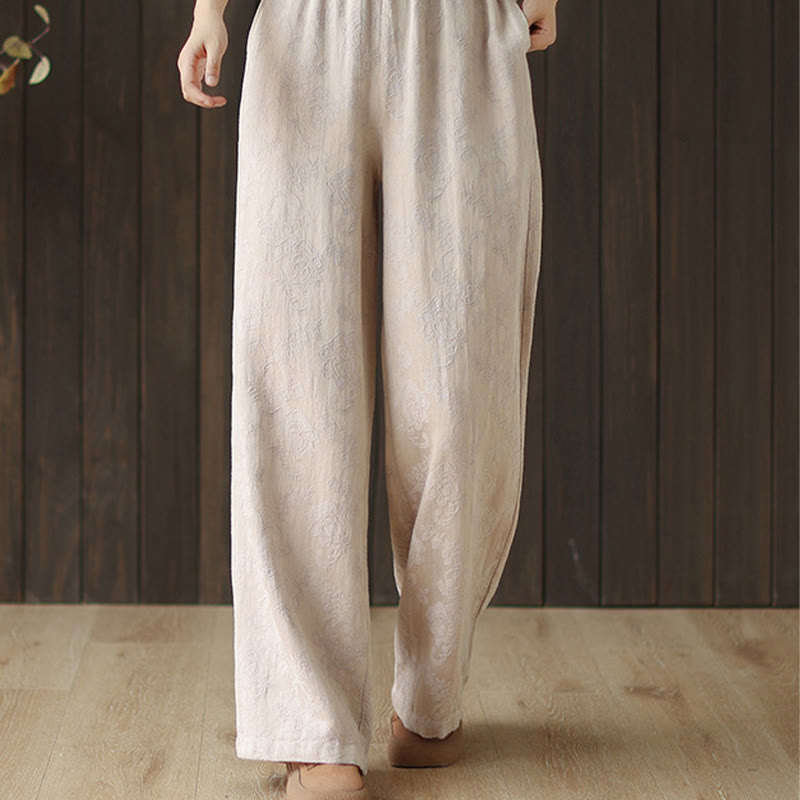 Buddha Stones Casual Loose Jacquard Women's Cotton Linen Wide Leg Pants With Pockets