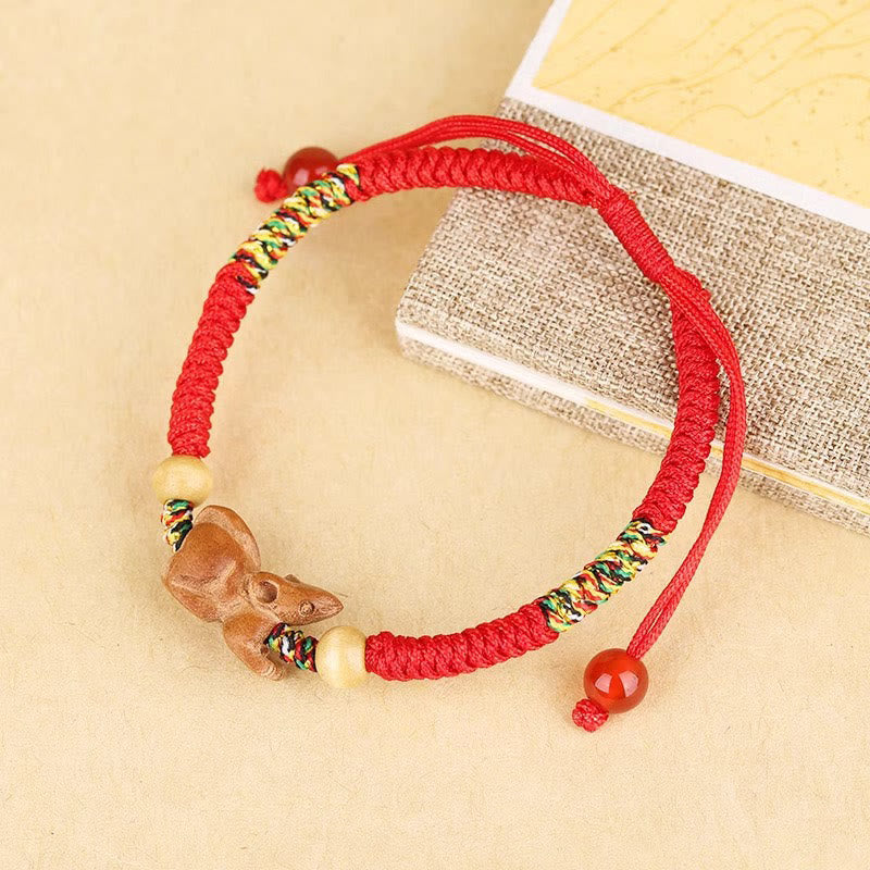 Buddha Stones Handmade Chinese Zodiac Red String Peach Wood Luck Bracelet