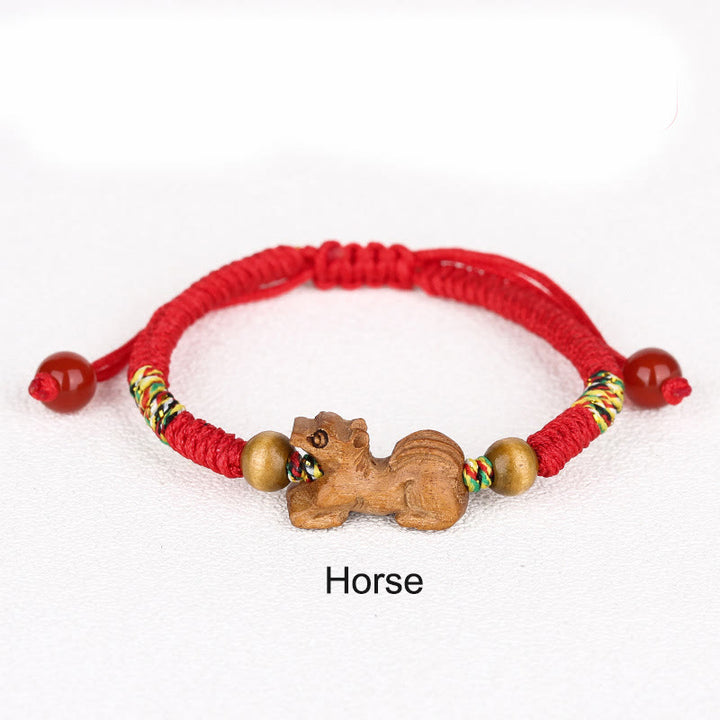 Buddha Stones Handmade Chinese Zodiac Red String Peach Wood Luck Bracelet