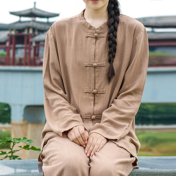 Buddha Stones Solid Color Frog-button Long Sleeve Cotton Linen Women's Shirts With Pockets - BurlyWood - US6，UK/AU10，EU38 (XL) - image 20