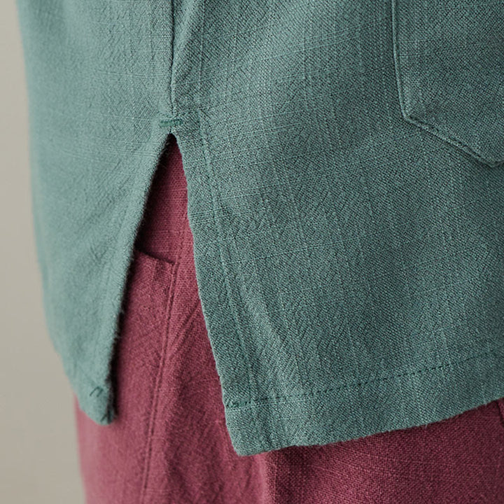 Buddha Stones Solid Color Frog-button Long Sleeve Cotton Linen Women's Shirts With Pockets - image 14