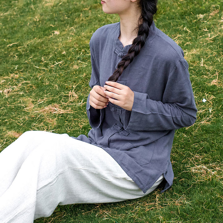Buddha Stones Solid Color Frog-button Long Sleeve Cotton Linen Women's Shirts With Pockets - image 25