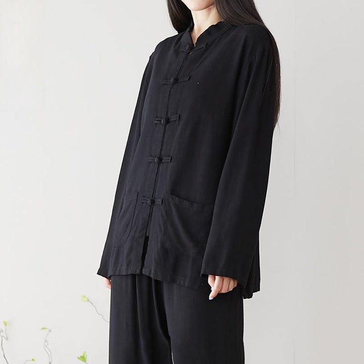 Buddha Stones Solid Color Frog-button Long Sleeve Cotton Linen Women's Shirts With Pockets - Black - US8-10，UK/AU12-14，EU40-42 (XL) - image 5