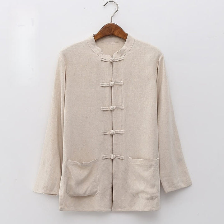 Buddha Stones Solid Color Frog-button Long Sleeve Cotton Linen Women's Shirts With Pockets - OldLace - US6，UK/AU10，EU38 (XL) - image 3