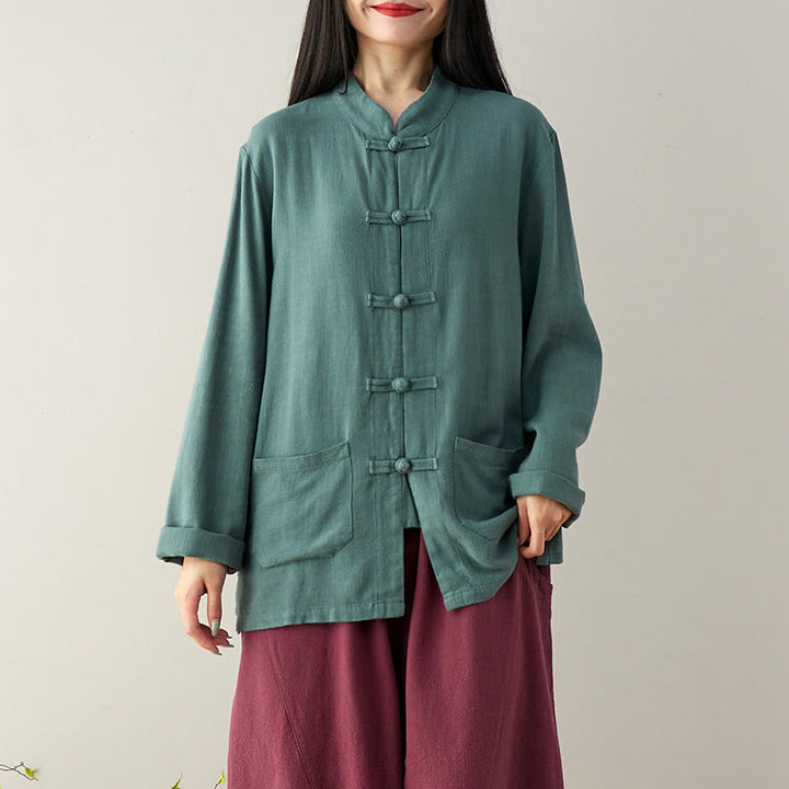 Buddha Stones Solid Color Frog-button Long Sleeve Cotton Linen Women's Shirts With Pockets - CadetBlue - US8-10，UK/AU12-14，EU40-42 (XL) - image 10