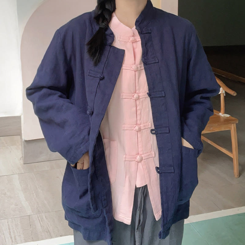 Buddha Stones Solid Color Frog-button Long Sleeve Cotton Linen Women's Shirts With Pockets - image 18