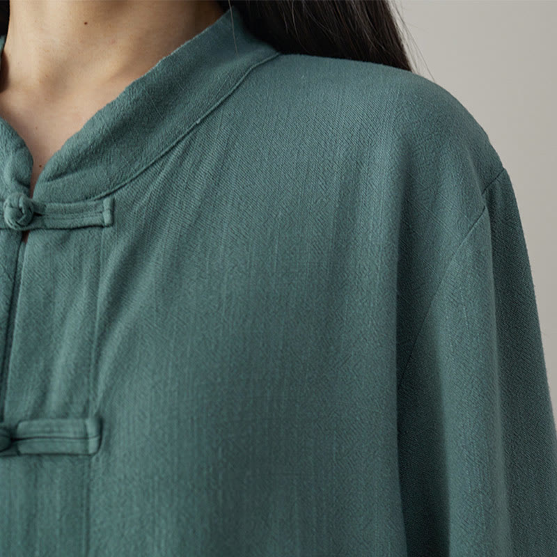 Buddha Stones Solid Color Frog-button Long Sleeve Cotton Linen Women's Shirts With Pockets - image 13