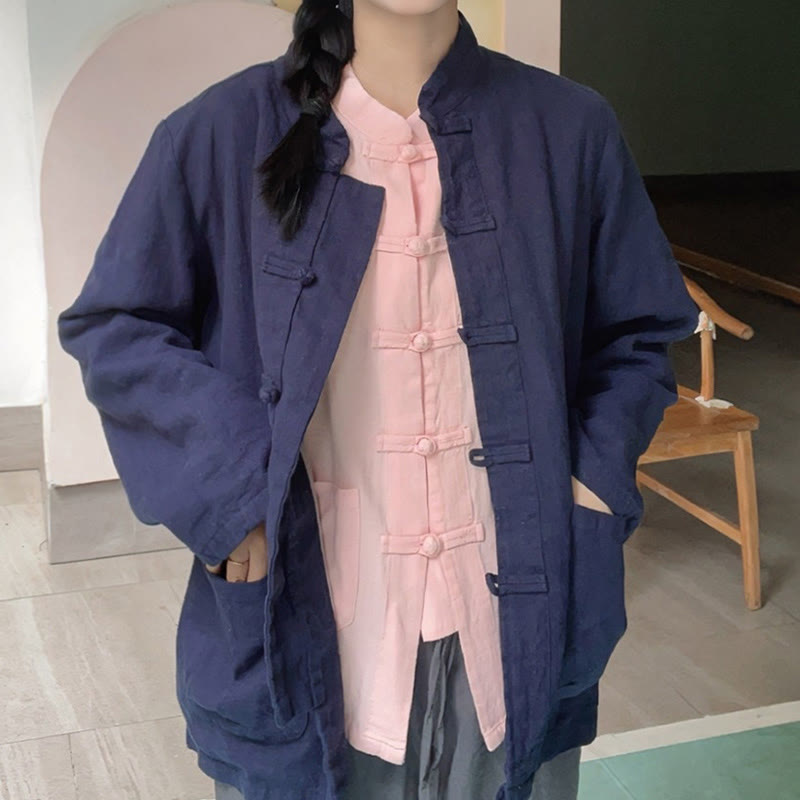 Buddha Stones Solid Color Frog-button Long Sleeve Cotton Linen Women's Shirts With Pockets - image 19