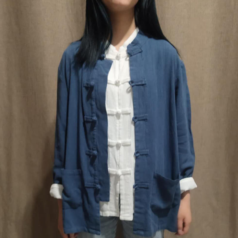 Buddha Stones Solid Color Frog-button Long Sleeve Cotton Linen Women's Shirts With Pockets - DarkSlateBlue - US6，UK/AU10，EU38 (XL) - image 10
