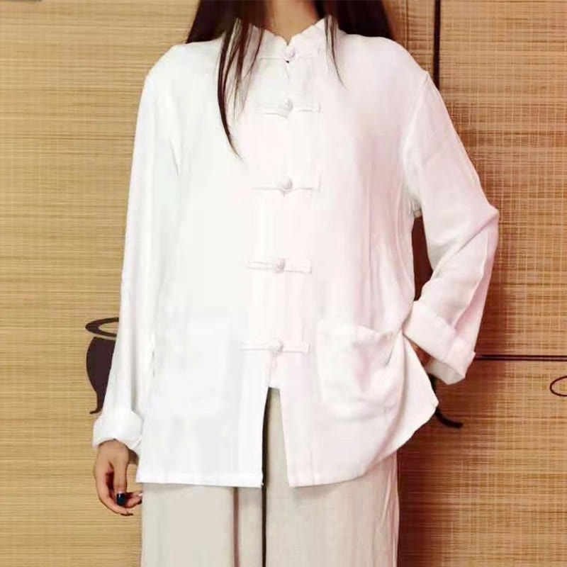 Buddha Stones Solid Color Frog-button Long Sleeve Cotton Linen Women's Shirts With Pockets - image 1