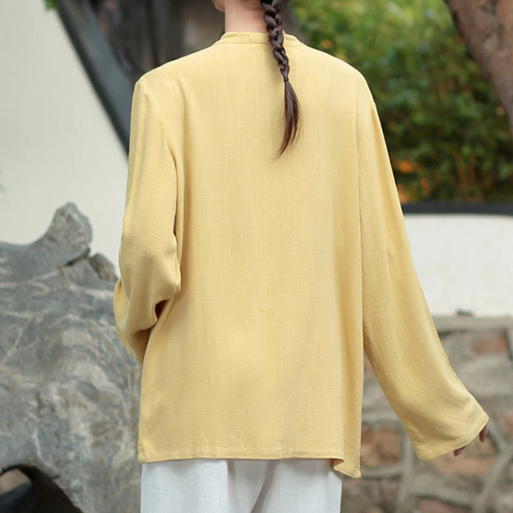 Buddha Stones Solid Color Frog-button Long Sleeve Cotton Linen Women's Shirts With Pockets - image 15