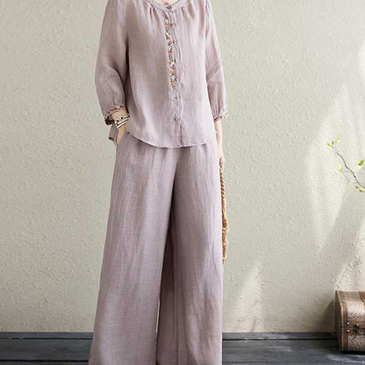 Buddha Stones 2Pcs Cotton Embroidery Flowers Shirt Top Pants Meditation Zen Tai Chi Clothing Women's Set - image 10