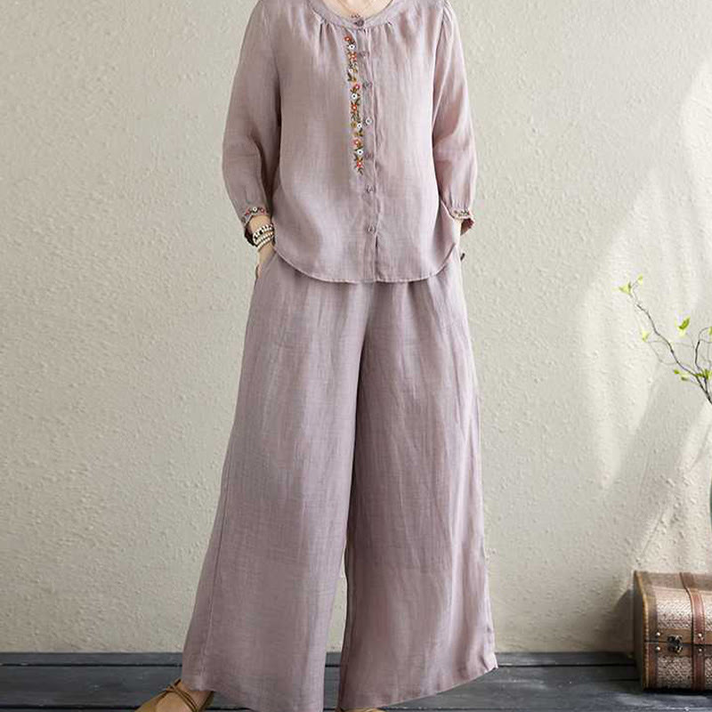 Buddha Stones 2Pcs Cotton Embroidery Flowers Shirt Top Pants Meditation Zen Tai Chi Clothing Women's Set - image 3