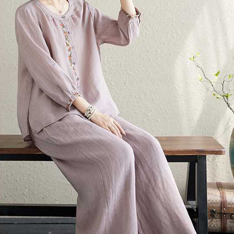 Buddha Stones 2Pcs Cotton Embroidery Flowers Shirt Top Pants Meditation Zen Tai Chi Clothing Women's Set - image 8