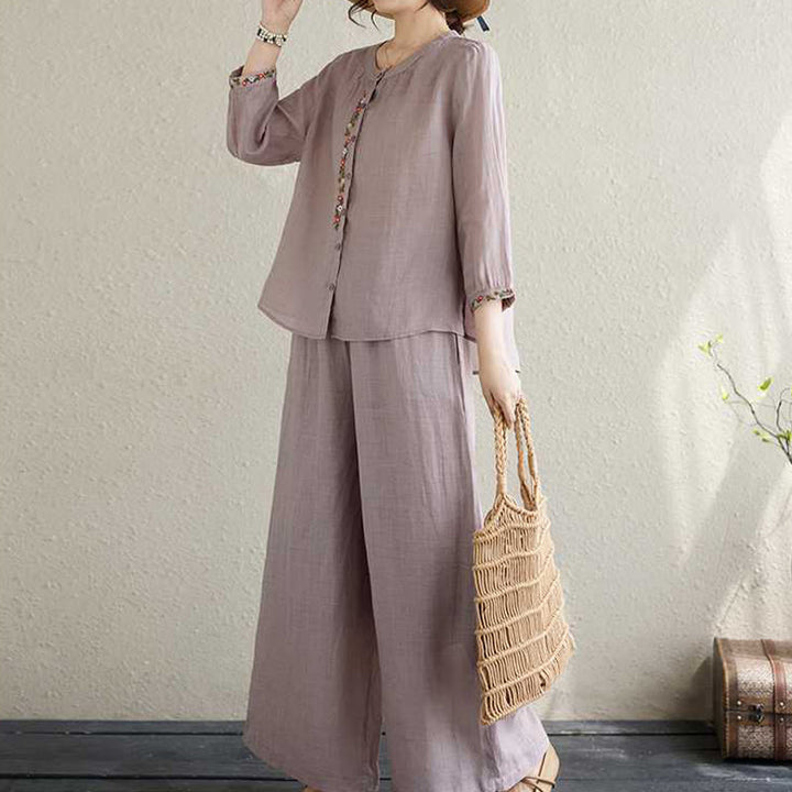 Buddha Stones 2Pcs Cotton Embroidery Flowers Shirt Top Pants Meditation Zen Tai Chi Clothing Women's Set - image 5