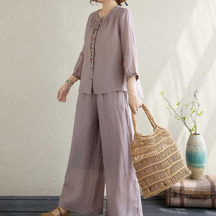 Buddha Stones 2Pcs Cotton Embroidery Flowers Shirt Top Pants Meditation Zen Tai Chi Clothing Women's Set - image 3