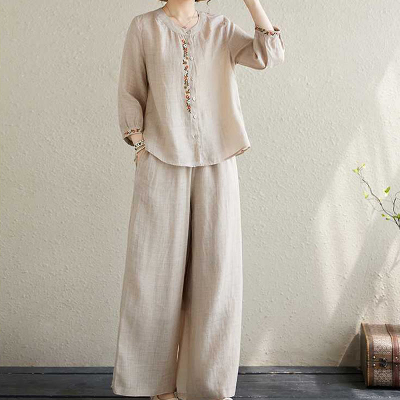 Buddha Stones 2Pcs Cotton Embroidery Flowers Shirt Top Pants Meditation Zen Tai Chi Clothing Women's Set - Beige - US6，UK/AU10，EU38 (XL) - image 11