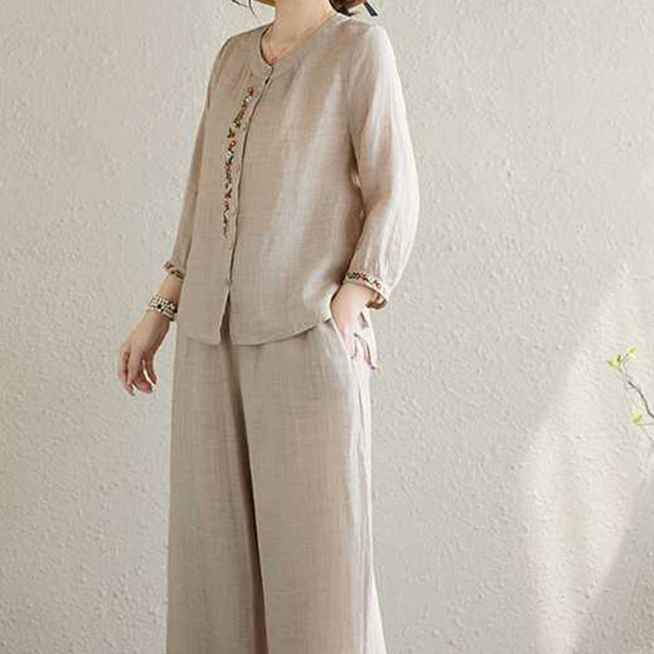 Buddha Stones 2Pcs Cotton Embroidery Flowers Shirt Top Pants Meditation Zen Tai Chi Clothing Women's Set - image 13