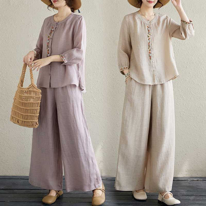 Buddha Stones 2Pcs Cotton Embroidery Flowers Shirt Top Pants Meditation Zen Tai Chi Clothing Women's Set - image 26