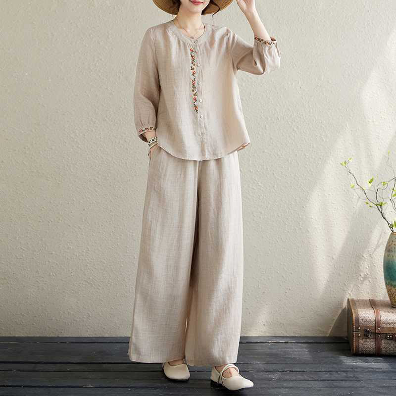 Buddha Stones 2Pcs Cotton Embroidery Flowers Shirt Top Pants Meditation Zen Tai Chi Clothing Women's Set - image 19