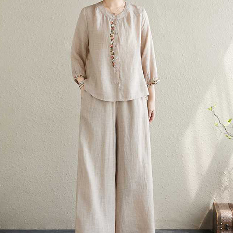 Buddha Stones 2Pcs Cotton Embroidery Flowers Shirt Top Pants Meditation Zen Tai Chi Clothing Women's Set - image 16
