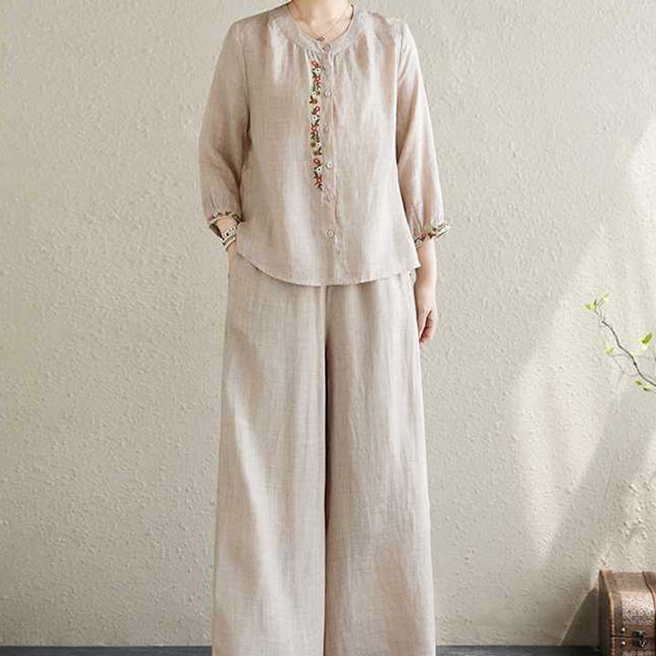 Buddha Stones 2Pcs Cotton Embroidery Flowers Shirt Top Pants Meditation Zen Tai Chi Clothing Women's Set - image 16