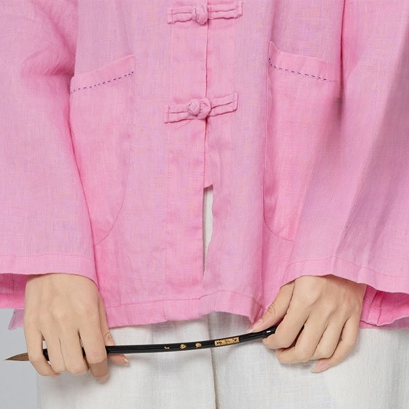 Buddha Stones Solid Color Frog-button Long Sleeve Linen Women's Shirts With Pockets - image 6