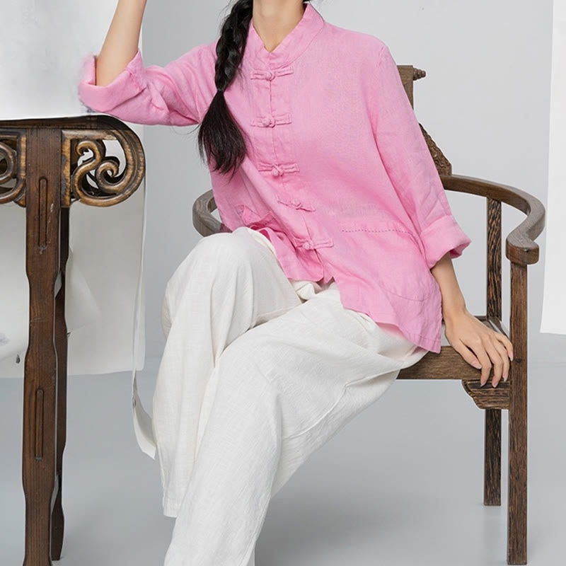 Buddha Stones Solid Color Frog-button Long Sleeve Linen Women's Shirts With Pockets - image 4