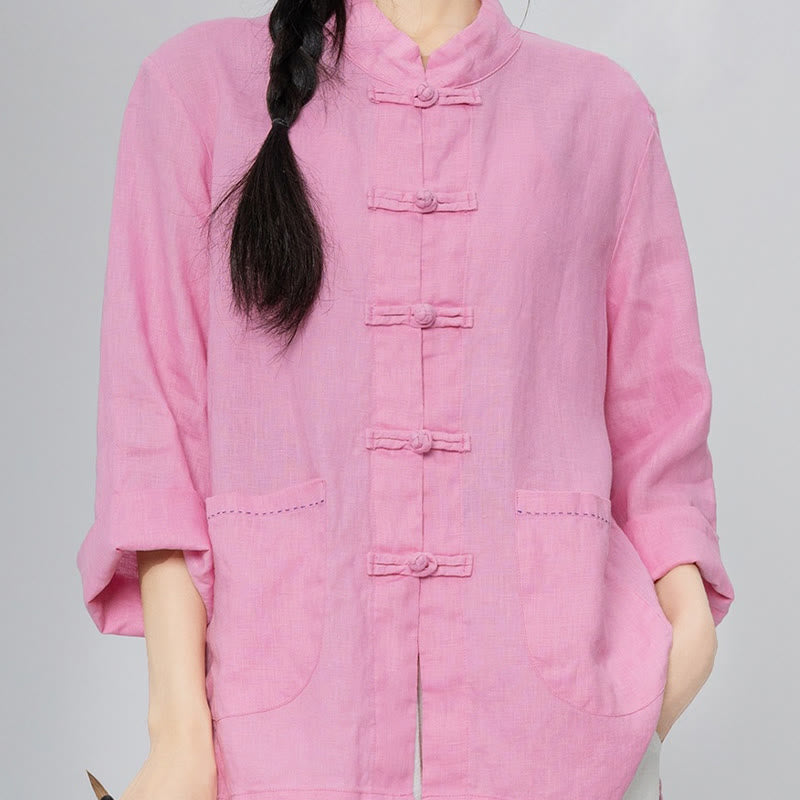 Buddha Stones Solid Color Frog-button Long Sleeve Linen Women's Shirts With Pockets