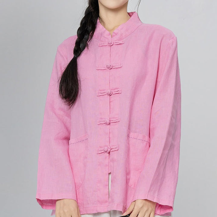 Buddha Stones Solid Color Frog-button Long Sleeve Linen Women's Shirts With Pockets