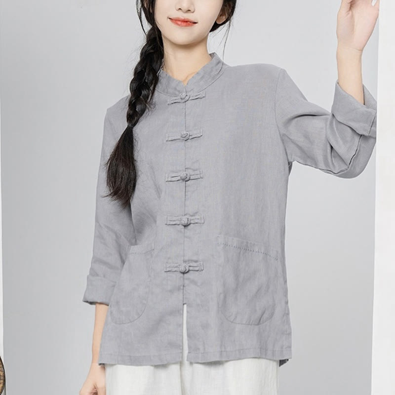 Buddha Stones Solid Color Frog-button Long Sleeve Linen Women's Shirts With Pockets - Silver - US4，UK/AU8，EU36 (L) - image 7