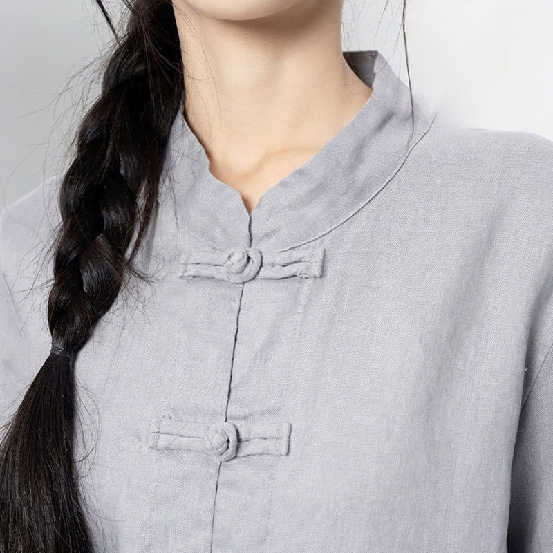 Buddha Stones Solid Color Frog-button Long Sleeve Linen Women's Shirts With Pockets - image 10
