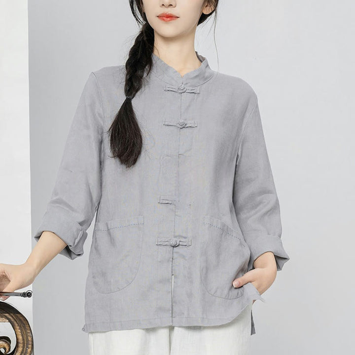 Buddha Stones Solid Color Frog-button Long Sleeve Linen Women's Shirts With Pockets